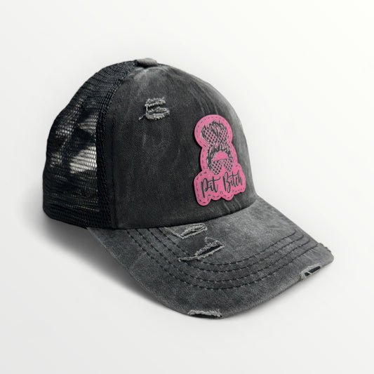 Distressed Black Ponytail Hat with Pit Bitch logo