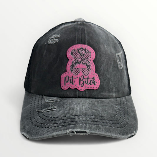 Distressed Black Ponytail Hat with Pit Bitch logo